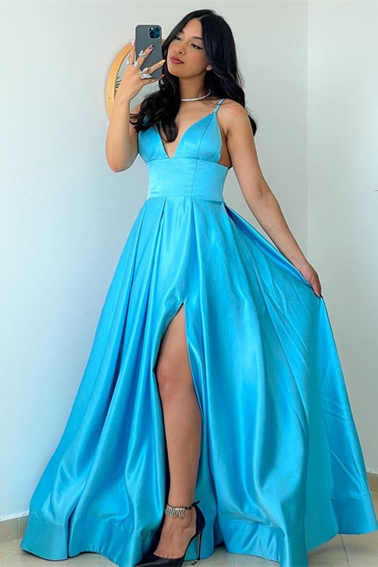 Ocean Blue Spaghetti Strap Prom Dress Long A-Line Evening Gown