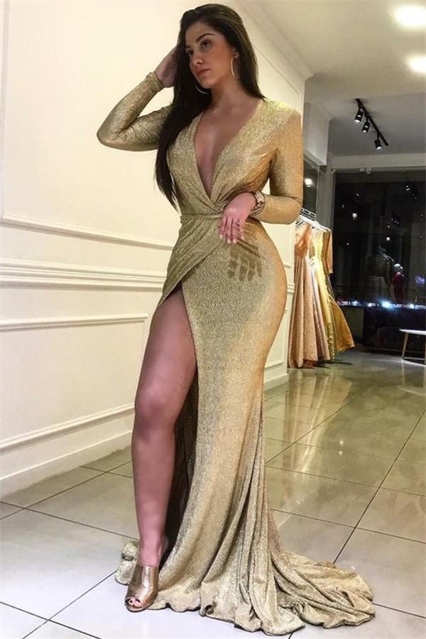 Elegant V-Neck Long Sleeve Prom Dress with High Split, Sparkle Gold Sequin Gown