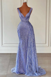 Stunning Violet V-Neck Mermaid Prom Dress with Exquisite Beadings and Shimmering Sequins