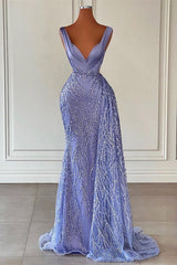 Stunning Violet V-Neck Mermaid Prom Dress with Exquisite Beadings and Shimmering Sequins