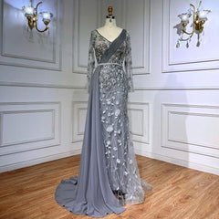 Pink Long Sleeve Chiffon Train Beaded Lace Evening Gown Dress