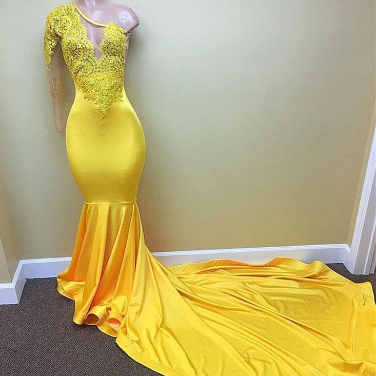 Radiant Yellow One-Shoulder Mermaid Prom Dress with Delicate Appliques