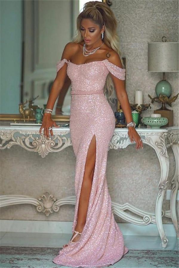 Elegant Pink Sequin Mermaid Evening Gown with Thigh-High Split for Women