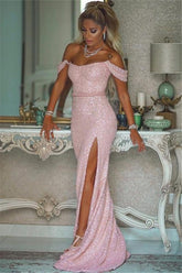 Elegant Pink Sequin Mermaid Evening Gown with Thigh-High Split for Women