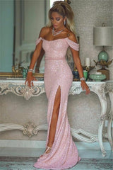 Elegant Pink Sequin Mermaid Evening Gown with Thigh-High Split for Women