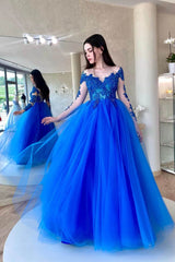 Amazing Royal Blue Long Sleeve Tulle Prom Dress Evening Gown