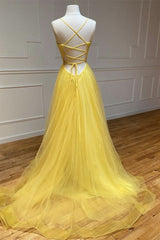 Elegant Yellow Spaghetti Strap Tulle Prom Dress with String Back