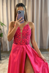Elegant Pink Deep V-Neck Appliqué A-Line Long Prom Dress with Slit