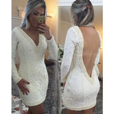 Elegant Mini Sheath V-Neck Lace Backless Homecoming Dress with Long Sleeves