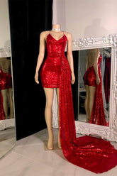 Stunning Red Sequin Short Prom Dress with Elegant Long Trail and Sleeveless Design
