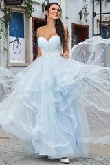 Elegant Baby Blue Tulle Prom Dress with Applique, Strapless Formal Gown
