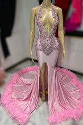 Stunning Pink Sleeveless V-Neck Prom Dress with Appliques and Feather Slit
