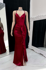 Elegant Burgundy Spaghetti Strap Prom Dress with Pleated Side Slit Design