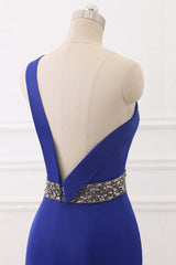 Royal Blue One Shoulder Mermaid Prom Dress Backless Beaded Design