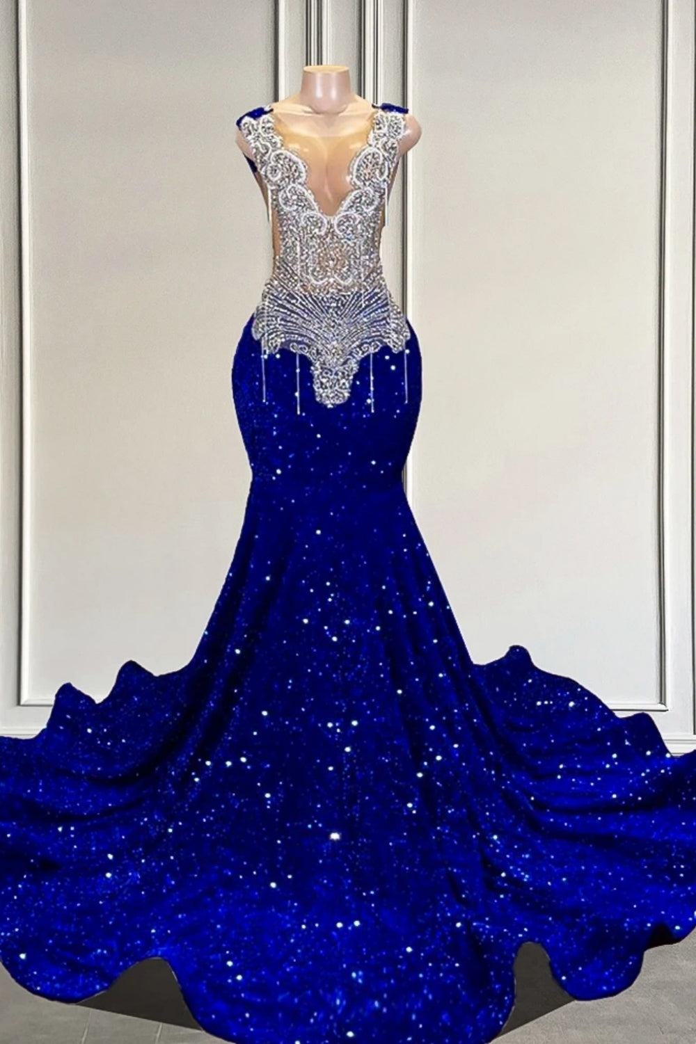 Luxury Royal Blue Sequins Mermaid Prom Dress with Shiny Crystals for Prom