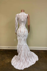 Elegant White Sequin One-Shoulder Mermaid Prom Gown with Long Sleeve & Slit