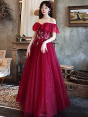 Stunning Elegant Burgundy Off-Shoulder Tulle Sequin Long Evening Prom Dress
