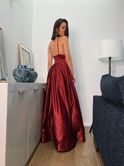 Burgundy Spaghetti Strap Prom Dress, Elegant A-Line Slit Formal Gown