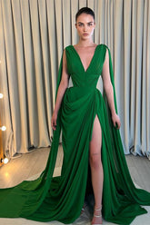 Elegant Emerald Green Deep V-Neck Pleated Strappy Prom Dress