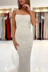 Strapless Sequin Mermaid Prom Dress with Spaghetti Straps and Open Back