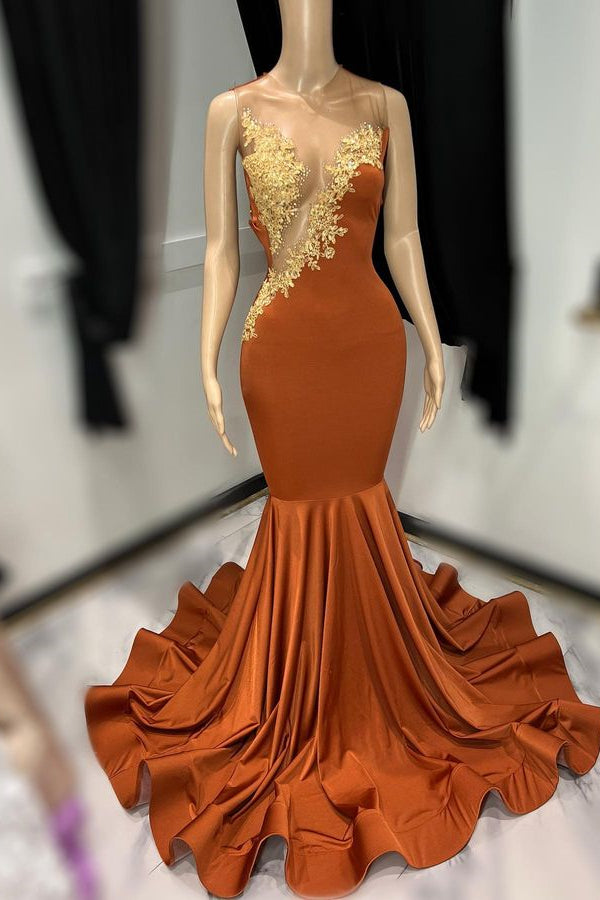 Sleeveless Tulle Mermaid Brown Prom Dress with Appliques - Elegant Long Gown