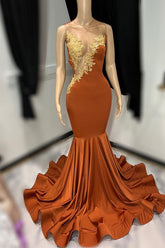 Sleeveless Tulle Mermaid Brown Prom Dress with Appliques - Elegant Long Gown