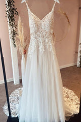 A-Line Sweetheart Spaghetti Straps Tulle Wedding Dress With Lace Appliques