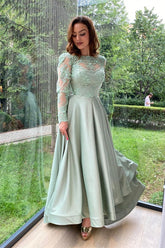 Elegant Dusty Sage Long Sleeve Lace Bodice Evening Prom Dress