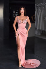 Elegant Pink Sequin Spaghetti Strap Prom Dress with Satin Slit and Built-in Bra