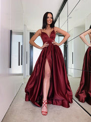 Burgundy Spaghetti Strap Prom Dress, Elegant A-Line Slit Formal Gown