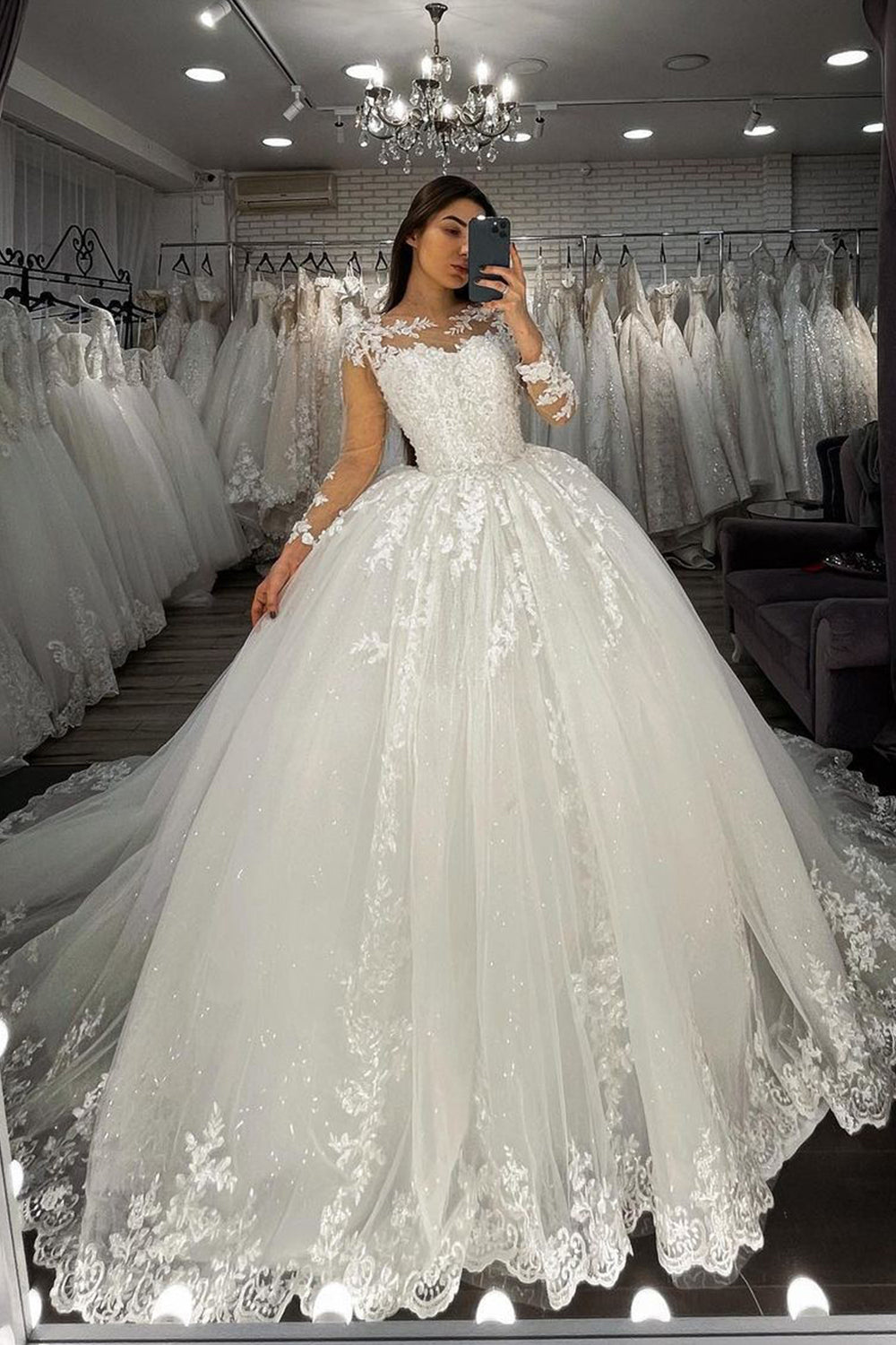 Sheer Tulle Ball Gown Wedding Dress with Long Sleeves Appliques