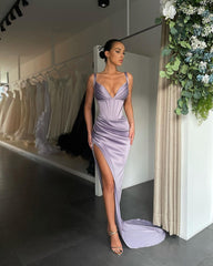 Blushing Pink Pleated V-Neck Prom Dress with High Slit Gown