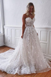Elegant A-Line Sweetheart Lace Wedding Gown for Brides, Floor-Length Design