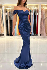 Royal Blue Sweetheart Off-Shoulder Long Pleated Formal Prom Dress Gown