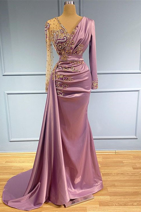 Elegant Long Sleeve V-Neck Mermaid Prom Gown with Exquisite Beading Details