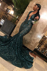 Emerald V-Neck Long Sleeves Sequin Lace Mermaid Prom Dress for Women