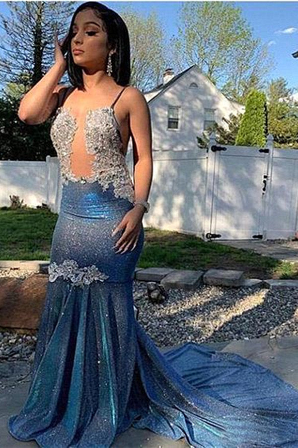 Elegant Blue Sequin Mermaid Prom Dress with Spaghetti Straps