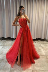 Elegant Red Sequin Spaghetti Strap Sweetheart Prom Dress with Slit