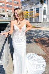 Modern Mermaid Wedding Dress: Spaghetti Straps, Sweetheart Neckline, Open Back, Lace Appliques