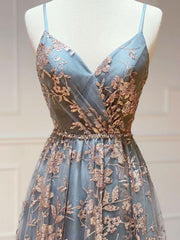 Sequin A-Line V Neck Tulle Long Prom Dress Backless Evening Gown