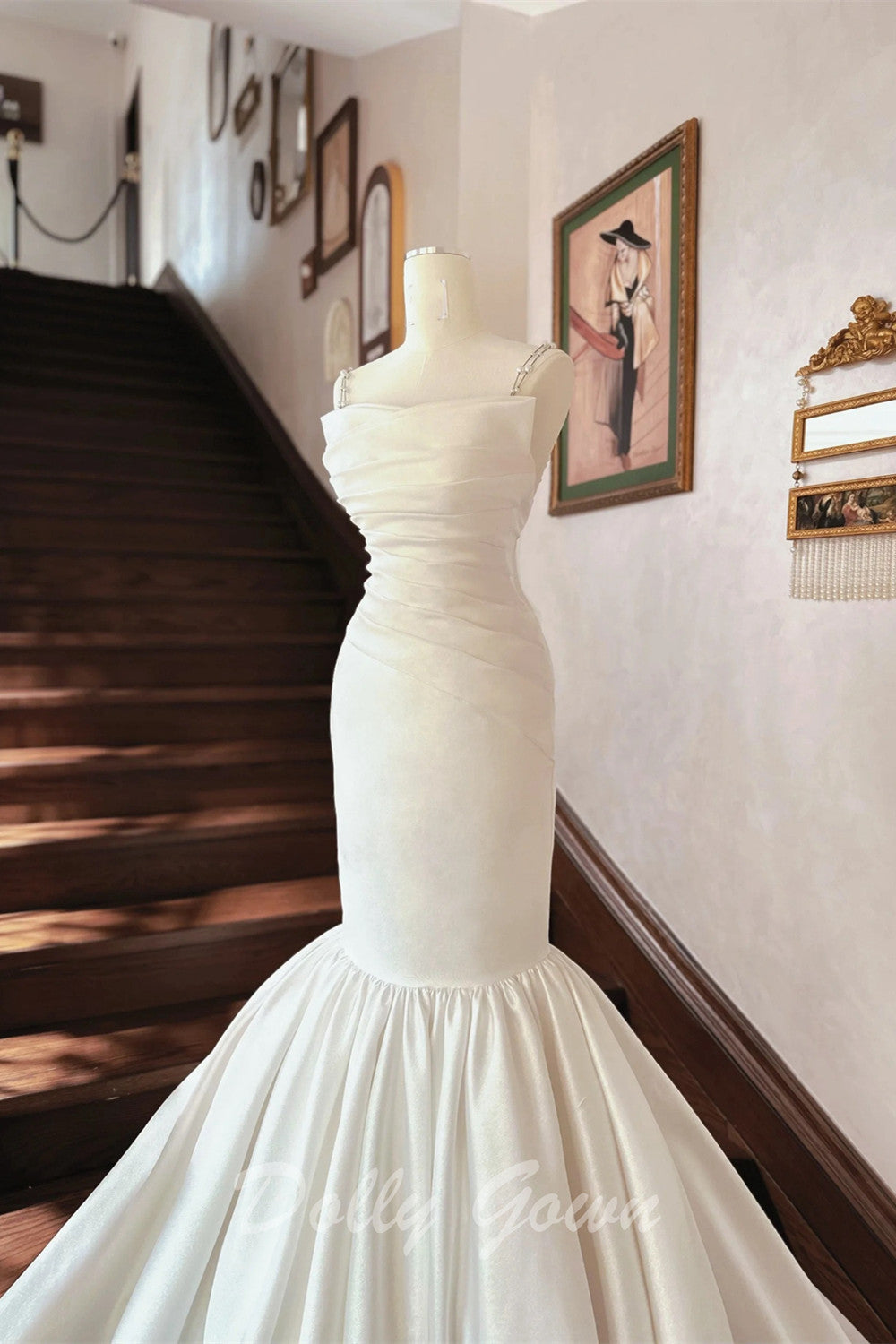 Asymmetrical Crease Satin Fishtail Wedding Dress - DollyGown