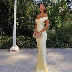 Elegant Mermaid Off-Shoulder Yellow Satin Long Evening Gown Prom Dress SD2063
