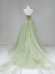 Exquisite Green Tulle Long A-Line Prom Dress Formal Evening Gown