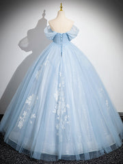 Beautiful Off Shoulder Blue Long Prom Dress Sweet 16 Tulle Lace