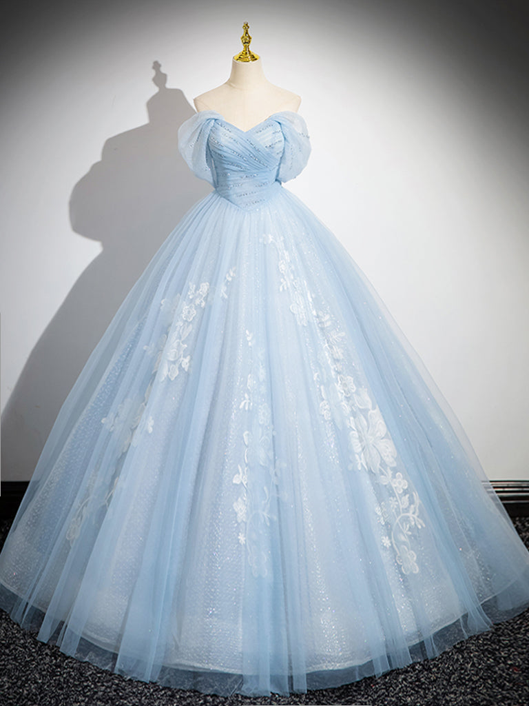 Beautiful Off Shoulder Blue Long Prom Dress Sweet 16 Tulle Lace