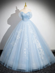 Beautiful Off Shoulder Blue Long Prom Dress Sweet 16 Tulle Lace