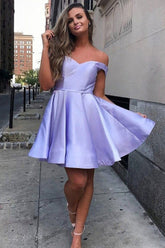 Lilac Off-the-Shoulder A-Line Short Homecoming Dress: Tulle AppliquΓ© and Pleats