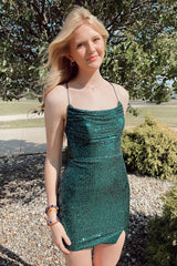 Green Halter Glitter Knit Sleeveless Short Homecoming Dress Party Gown