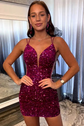 Fuchsia Sequin Homecoming Dress: Spaghetti Straps, Backless, Short, Sparkly, Party