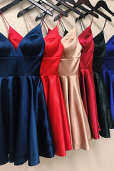 Red A-Line Spaghetti Straps Satin Short Homecoming Dress with Pockets